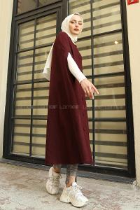Modalamelif Önü Düğmeli Kaşe Panço Bordo