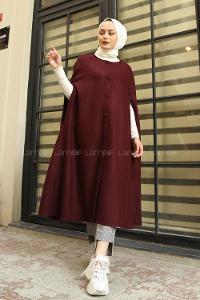 Modalamelif Önü Düğmeli Kaşe Panço Bordo