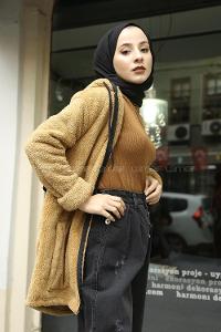 Modalamelif Beli Lastikli Kapşonlu Peluş Kürk Mont  Camel