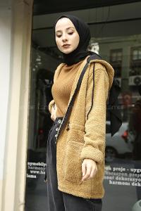 Modalamelif Beli Lastikli Kapşonlu Peluş Kürk Mont  Camel