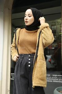 Modalamelif Beli Lastikli Kapşonlu Peluş Kürk Mont  Camel