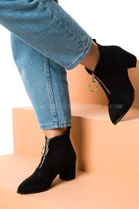 Modalamelif Orta Topuklu Fermuar Detaylı Siyah Süet Bot