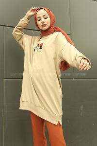 Modalamelif Üç Kadın Baskılı Sweat Bej