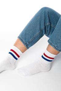 Modalamelif Mavi-Kırmızı Şeritli Beyaz Çorap