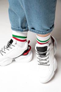 Modalamelif Yeşil-Kırmızı Şeritli Beyaz Çorap