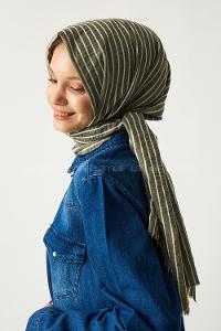 Modalamelif Askeri Yeşil Çizgili Pamuk Şal