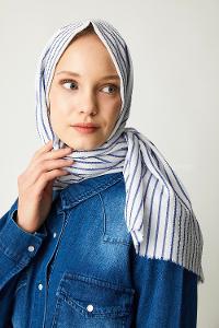 Modalamelif Beyaz Mavi Çizgili Pamuk Şal