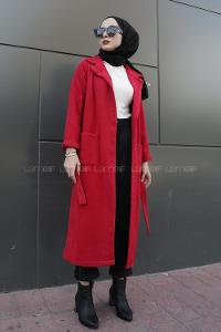 Modalamelif Belden Bağlamalı Çift Cep Detaylı  Kaşe Kaban Kırmızı