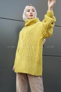 Modalamelif Boğazlı Önü Saç Örgü Kazak Hardal Sarısı