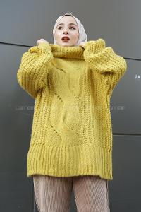 Modalamelif Boğazlı Önü Saç Örgü Kazak Hardal Sarısı