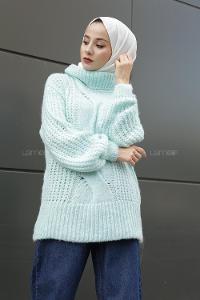 Modalamelif Boğazlı Önü Saç Örgü Kazak Mint