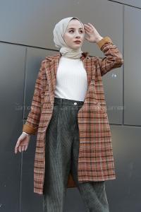 Modalamelif Çift Cepli Ekose Ceket Kahverengi