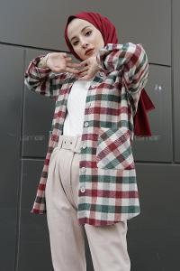 Modalamelif Çift Cepli Eteği Saçaklı Ekose Gömlek Bordo