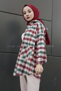 Modalamelif Çift Cepli Eteği Saçaklı Ekose Gömlek Bordo