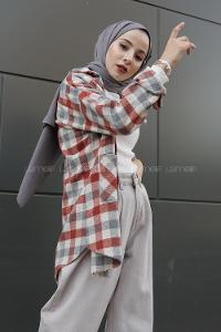 Modalamelif Çift Cepli Eteği Saçaklı Ekose Gömlek Kiremit