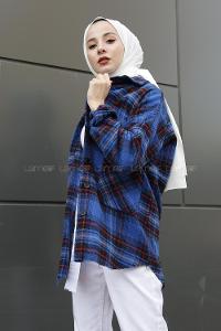 Modalamelif Eteği Saçaklı Çift Cepli Ekose Gömlek Saks Mavi