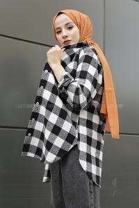 Modalamelif Önü Çıt Çıt Düğmeli Ekose Gömlek Siyah