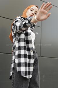 Modalamelif Önü Çıt Çıt Düğmeli Ekose Gömlek Siyah