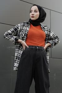 Modalamelif Önü Düğmeli Ekose Gömlek Siyah