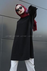 Lamelif Kolu Çizgi Detaylı  Kapşonlu Sweat Siyah Kırmızı