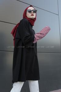 Lamelif Kolu Çizgi Detaylı  Kapşonlu Sweat Siyah Kırmızı