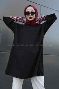 Lamelif Kolu Çizgi Detaylı  Kapşonlu Sweat Siyah Kırmızı