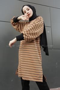 Modalamelif Balon Kol Çizgili Bileği Lastikli Sweat  Kahverengi