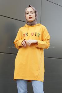 Modalamelif Beaute Yazı Baskılı Kapşonlu Sweat Hardal Sarısı
