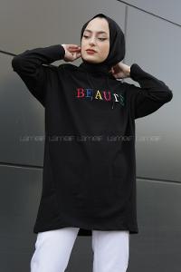 Modalamelif Beaute Yazı Baskılı Kapşonlu Sweat Siyah