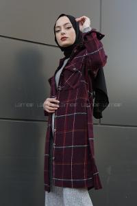 Modalamelif Belden Bağlamalı Çift Cepli Ekose Gömlek Bordo