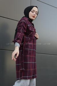 Modalamelif Belden Bağlamalı Çift Cepli Ekose Gömlek Bordo