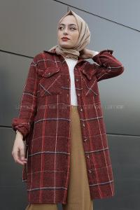 Modalamelif Belden Bağlamalı Çift Cepli Ekose Gömlek Kiremit