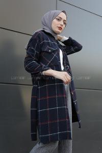 Modalamelif Belden Bağlamalı Çift Cepli Ekose Gömlek Lacivert