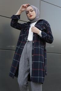 Modalamelif Belden Bağlamalı Çift Cepli Ekose Gömlek Lacivert