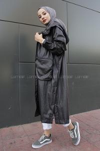 Modalamelif Çanta Cepli Çıtçıt Düğme Yırtmaçlı  Trenç Anadolu Siyahı