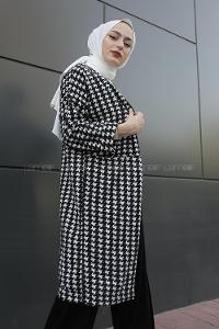 Modalamelif Çift Cepli Kazayağı Desen Hırka Siyah Beyaz