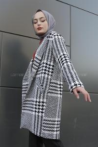 Modalamelif Çift Cepli Kazayağı Desen Kaban Siyah Beyaz