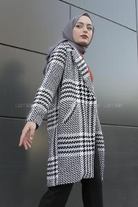 Modalamelif Çift Cepli Kazayağı Desen Kaban Siyah Beyaz