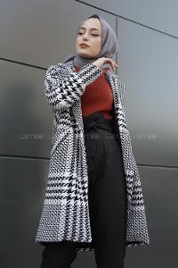 Modalamelif Çift Cepli Kazayağı Desen Kaban Siyah Beyaz