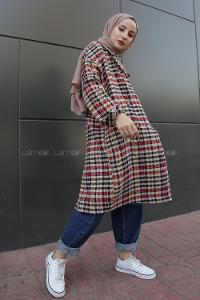 Modalamelif  Çift Cepli Önü Düğmeli  Ekose Kaban Bordo Bej