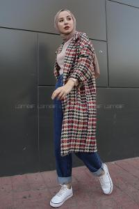 Modalamelif  Çift Cepli Önü Düğmeli  Ekose Kaban Bordo Bej