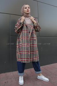 Modalamelif  Çift Cepli Önü Düğmeli  Ekose Kaban Bordo Bej