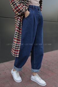 Modalamelif Çift Cepli  Balon Mom Jean Koyu Mavi