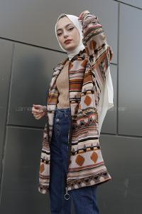 Modalamelif Etnik Desen Kapşonlu Tam Fermuarlı Polar Tunik Kahverengi