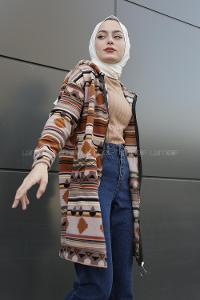 Modalamelif Etnik Desen Kapşonlu Tam Fermuarlı Polar Tunik Kahverengi