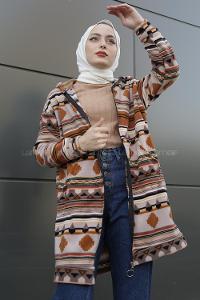 Modalamelif Etnik Desen Kapşonlu Tam Fermuarlı Polar Tunik Kahverengi