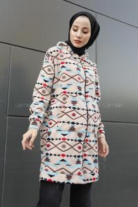 Modalamelif Etnik Desen Kapşonlu Tam Fermuarlı Polar Tunik Kum Beji