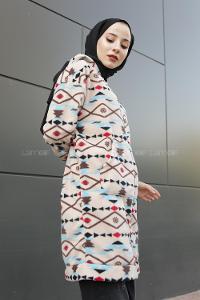 Modalamelif Etnik Desen Kapşonlu Tam Fermuarlı Polar Tunik Kum Beji