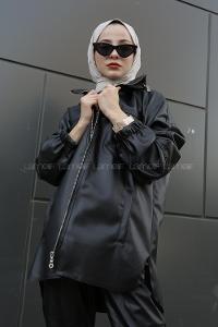 Modalamelif Gizli Kapşonlu Önü Fermuarlı Mont Siyah