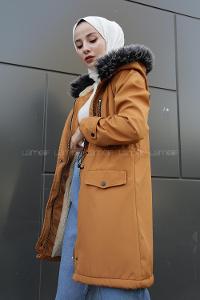 Modalamelif İçi Kürklü Kapşonlu Bondit Mont Hardal Sarısı